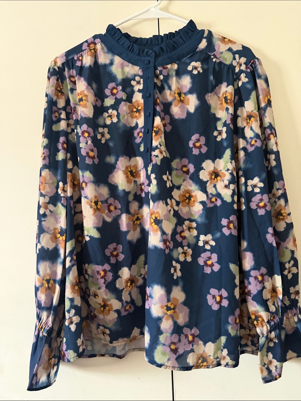 Women's Navy Floral Ruffle-Neck Blouse